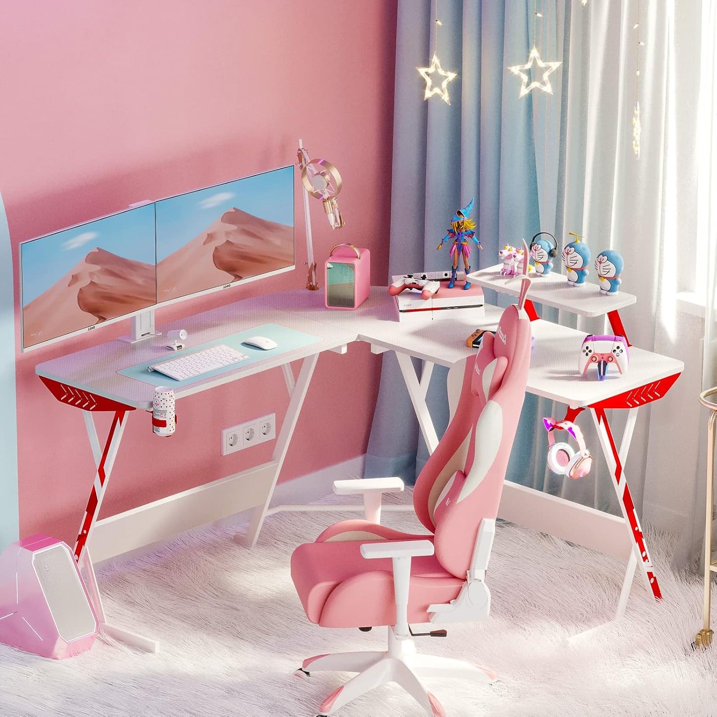 L Shaped Gaming Desk with Carbon Fiber Surface