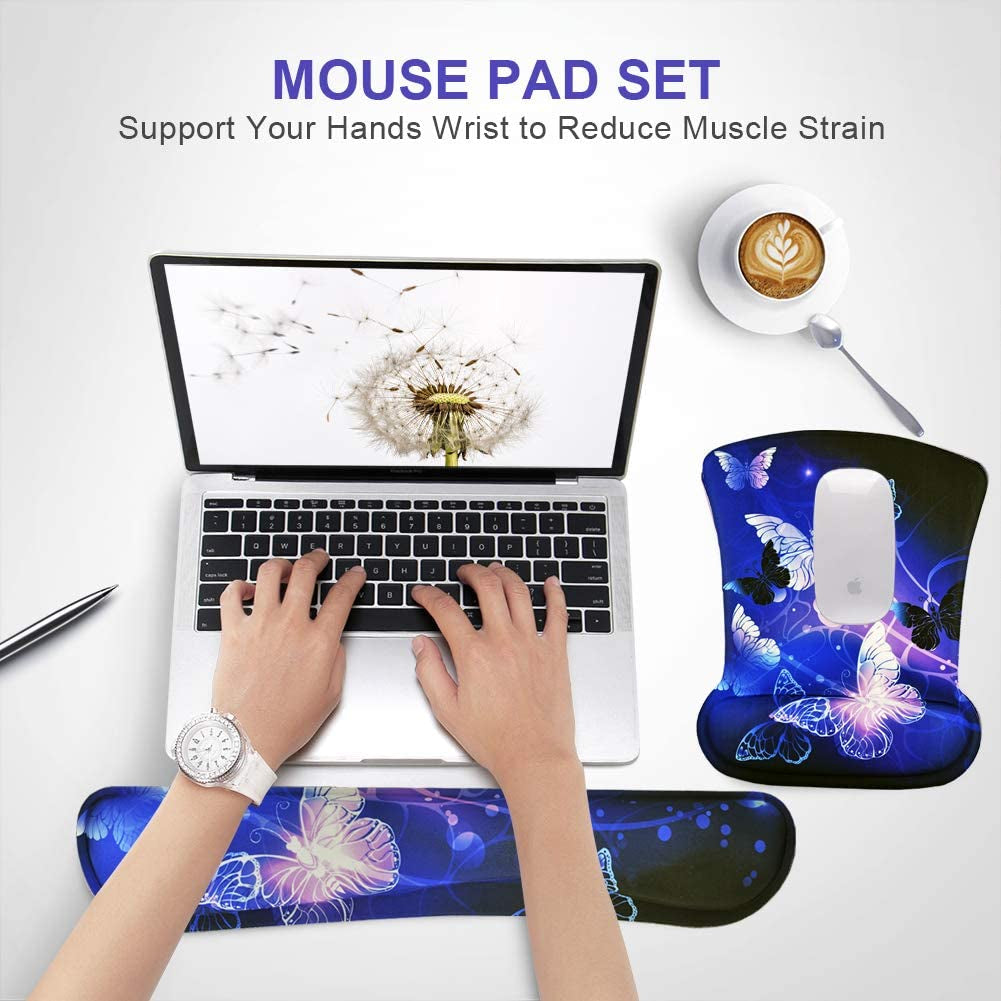 Mouse Pad with Wrist Support and Keyboard Wrist Rest Pad Set,Ergonomic Mouse Pads for Computers Laptop,Non-Slip Comfortable Mousepad W/Raised Memory Foam for Easy Typing & Pain Relief (Arts Butterfly)