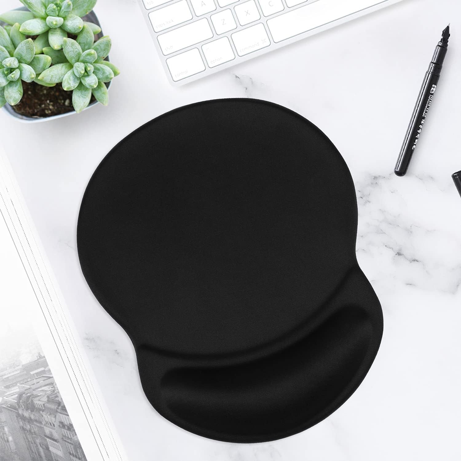 Mouse Pad, Ergonomic Mouse Pad with Gel Wrist Rest Support, Gaming Mouse Pad with Lycra Cloth, Non-Slip PU Base for Computer, Laptop, PC, Home, Office & Travel, Black